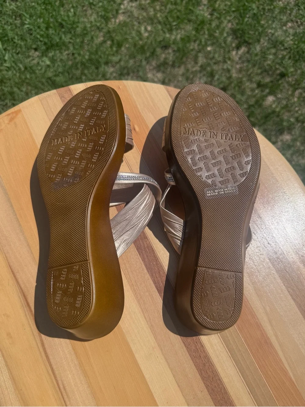 Ladies Italian Shoemakers Platinum Wedge Slide Sandals